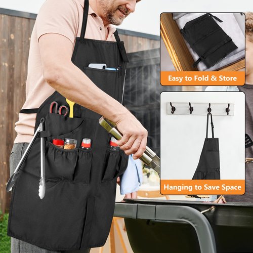 HODRANT Hanging Camp Utensil Organizer & Large BBQ Grilling Apron, Portable Camping Kitchen Cookware Bag with Towel Paper Holder & Cooking Apron for Men with Pockets & Slit Hem