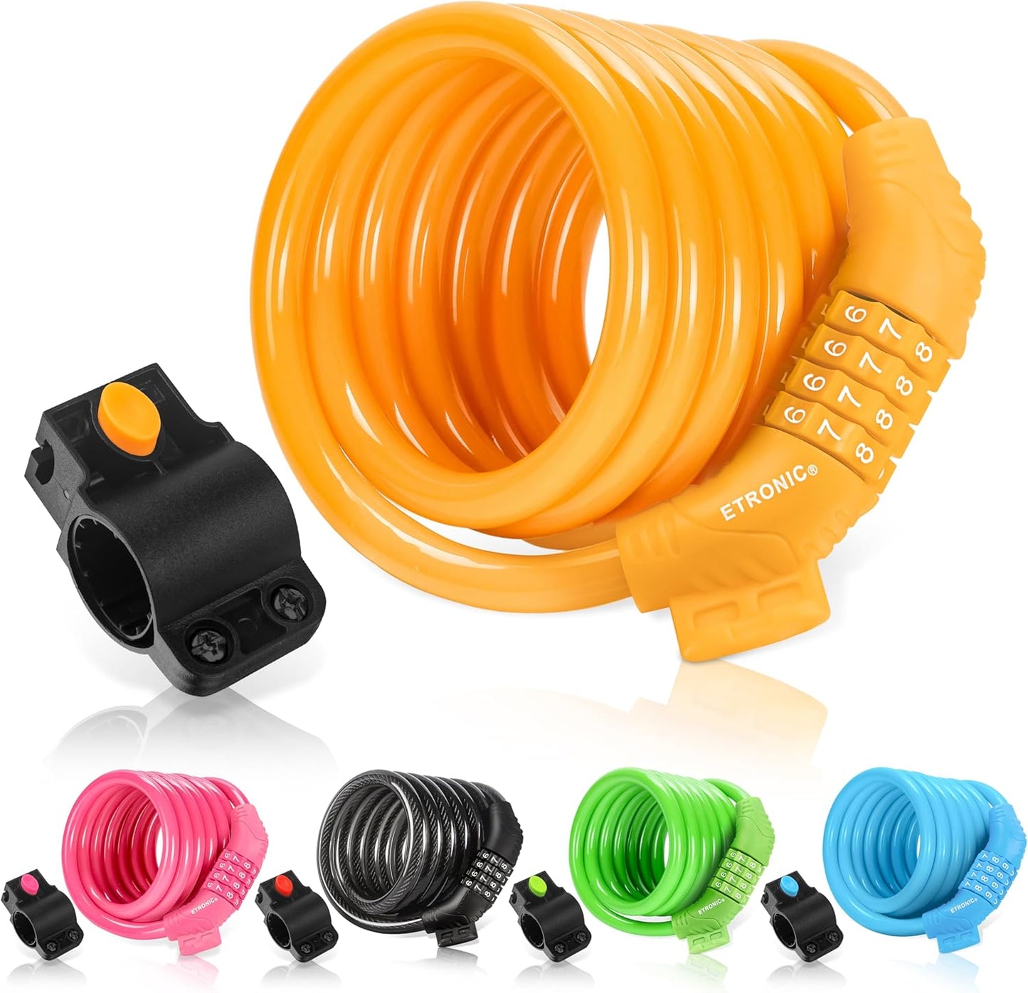 Secure Etronic 6ft Coiled Bike Lock - Resettable Combo Lock with Mounting Bracket