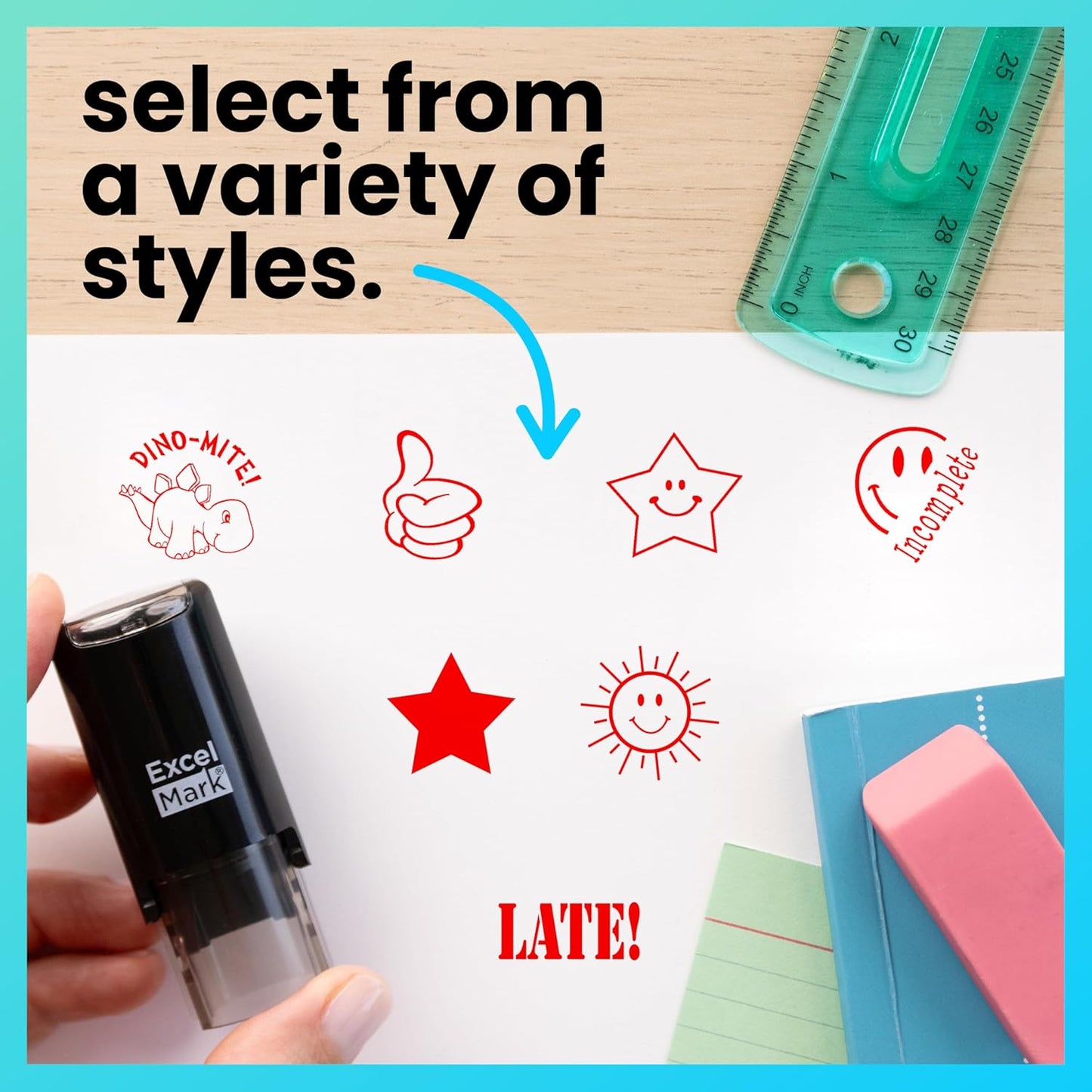 ExcelMark Round Teacher Stamp - Solid Star - RED Ink