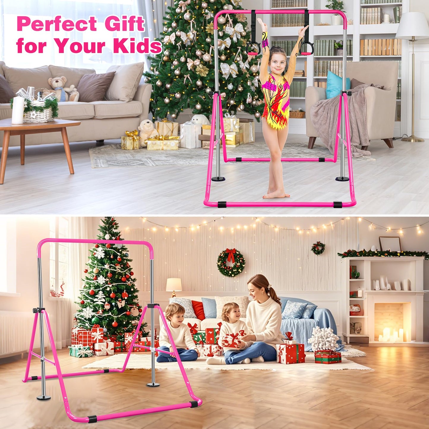 Bighaki808 Gymnastics Bars Kids Training Bars for Home, Folding Horizontal Bars with Adjustable Height Expandable Gymnastics Equipment Junior Kip Bar for Girls & Boys (Pink)