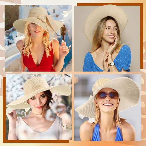 Tigeen 12 PCS Women's Wide Brim Straw Hats Floppy Sun Hat Foldable Multicolor Summer Beach Sun Cap UPF 50+(Beige)