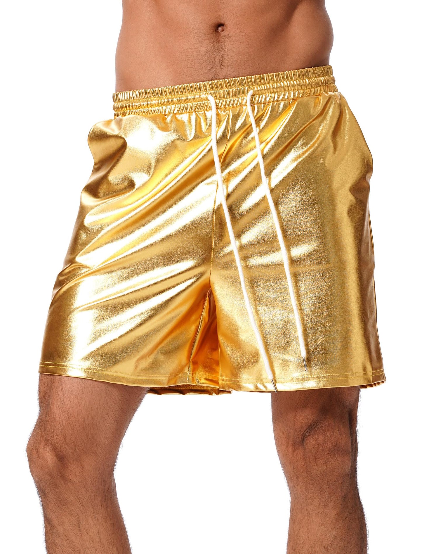 ABAFIP Men's Shiny Metallic Shorts Drawstring Sparkly Dance Hot Pants Disco Rave Party Outfit with Pockets Gold X-Large