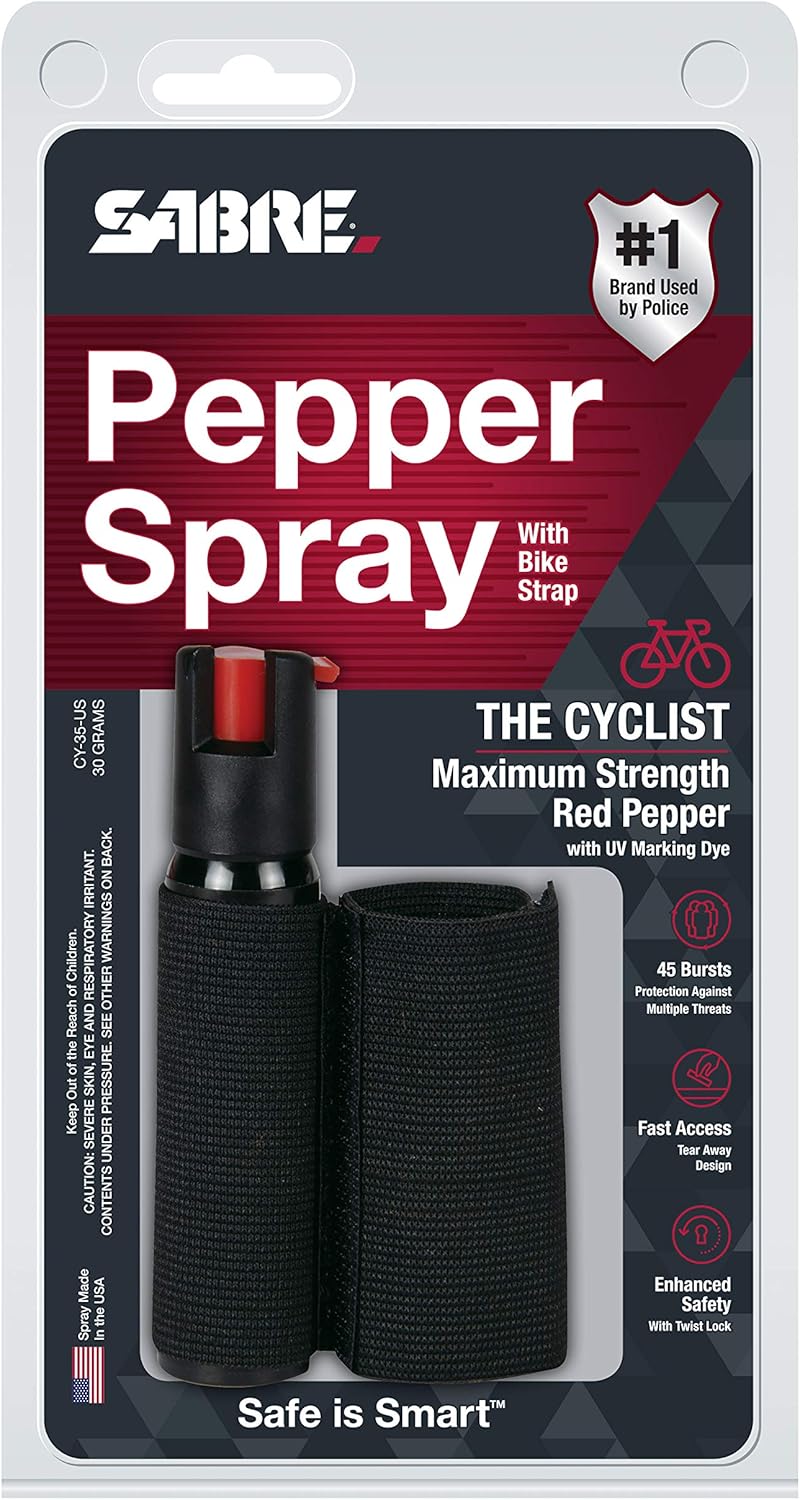 SABRE Cyclist Pepper Spray with Adjustable Bike Strap, 45 Burst, 10 Foot (3 meter) Range, Tear Away Hook and Loop Design For Quick Access