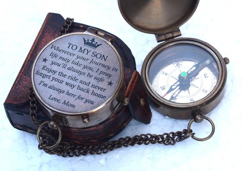 Engraved Brass Compass Gift for Son from Mom or Dad – 2" Vintage Keepsake with Leather Case | Graduation, Birthday, Baptism, Confirmation & Communion Gift