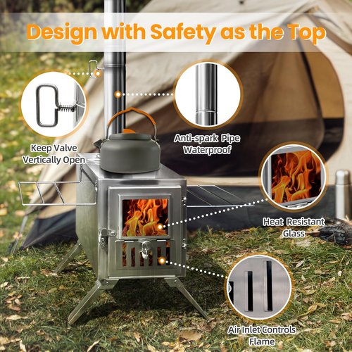 TOUNTO Wood Burning Stove,Portable Camping Stove with Chimney Pipes,Front Window，Side Racks,Mini Wood Stove for Outside Tent,Cookout,Truck Travel and inside Woodcutter's Cottage