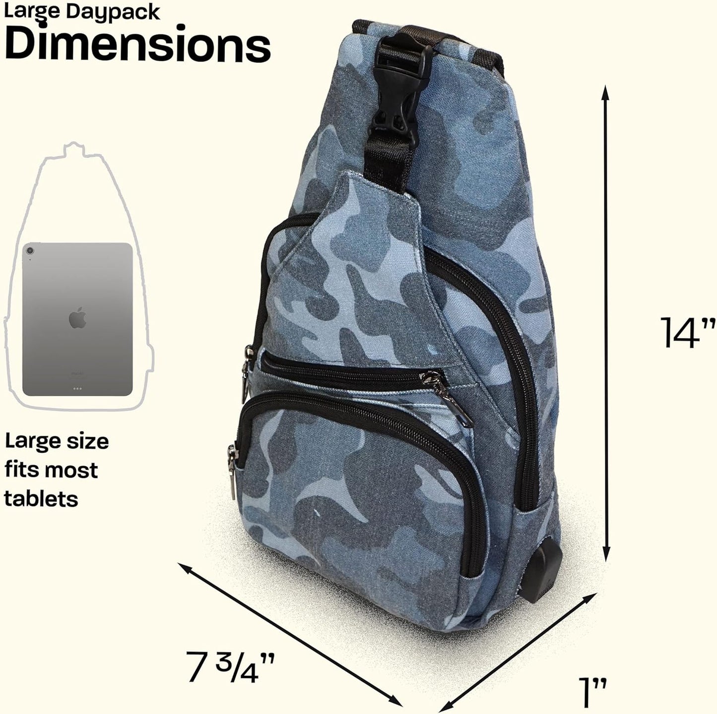 Anti-Theft Daypack Crossbody Sling Backpack, USB Charging Connector Port, Lightweight Day Pack for Travel, Hiking, Everyday, Regular, Black