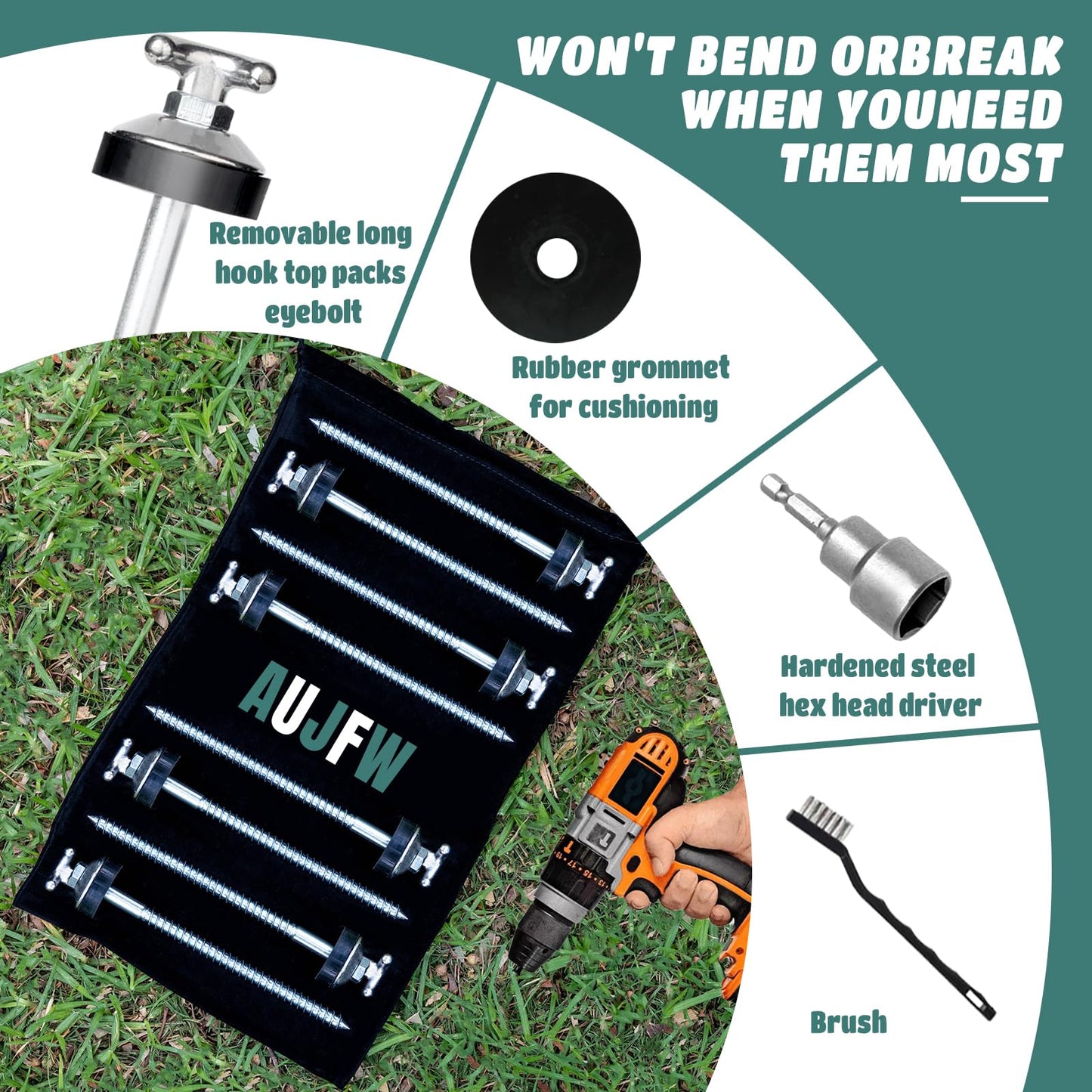 4 Pcs 10" Drillable Tent Stakes, Long Hook Top Packs Tent Stakes, Heavy Duty Hardened Steel Ground Pegs for Grassland Garden Tents Canopies Awnings Camping Travel (Hex Tool and Storage Bag)