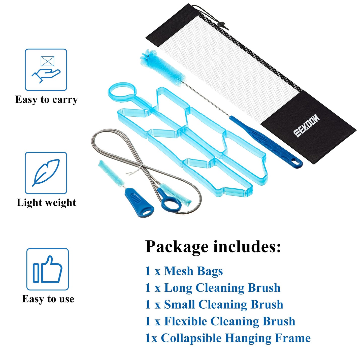 Hydration Bladder Cleaning Kit, Water Bladders Cleaner Set with Flexible Long Brush for Hose, Small Bite Valve Brush, Big Brush, Drying Collapsible Bladder Frame, Carrying Pouch (4 Pieces Set)