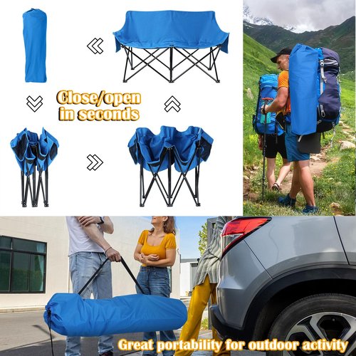 HaSteeL Folding Camping Chair, Portable Double Outdoor Loveseat for 2 Adults Person, Durable Foldable Collapsible Chairs for Camp Patio Picnic Beach Travel, Support 600Lbs, for Women & Men, Blue
