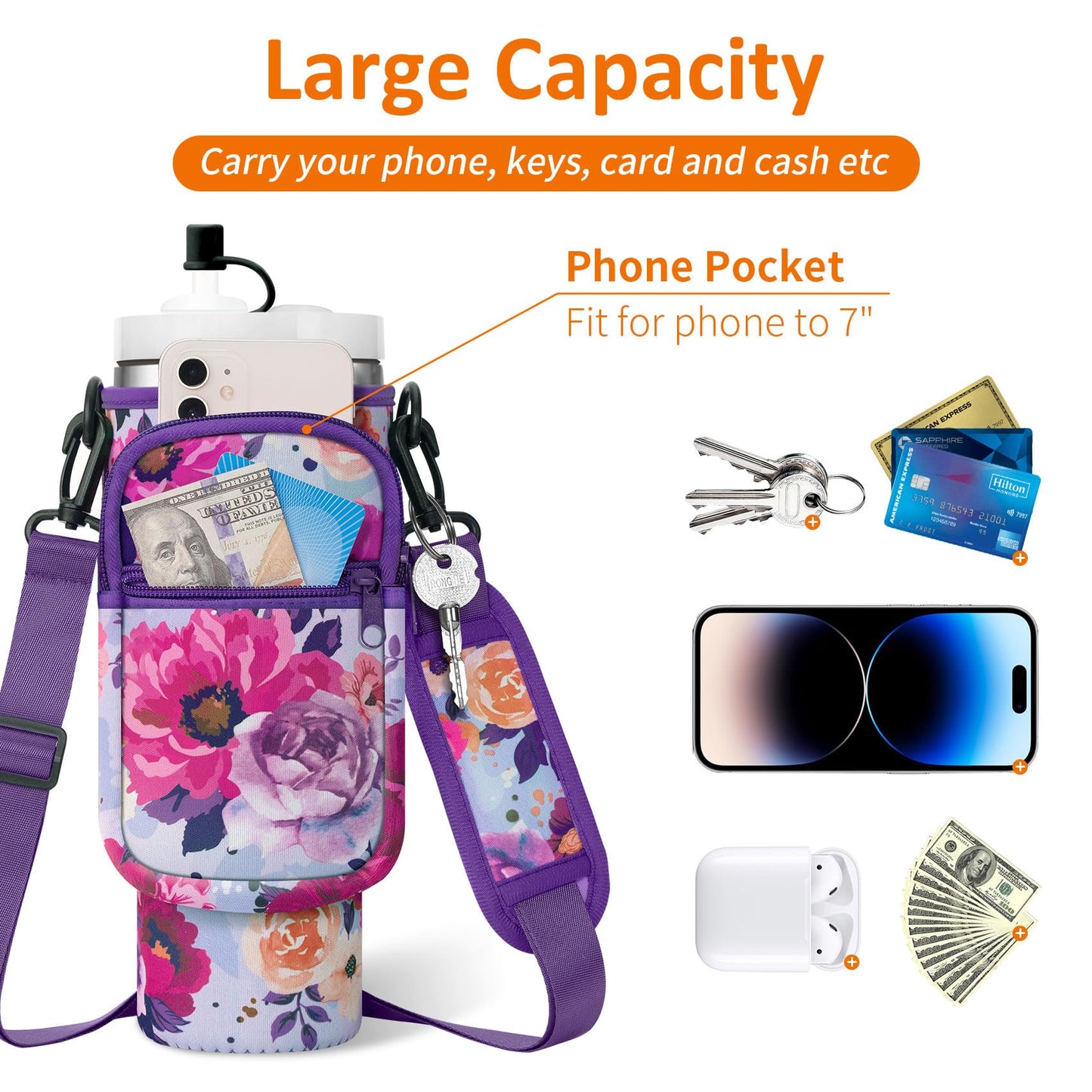 AceTreker 40 oz Stanley Tumbler Sleeve Bag with Paracord Handle & Straw Cap, Neoprene Vacuum Insulated Travel Mug Carrier Pouch with 2 Pockets & Shoulder Strap for Car Home Work-Purple Rose