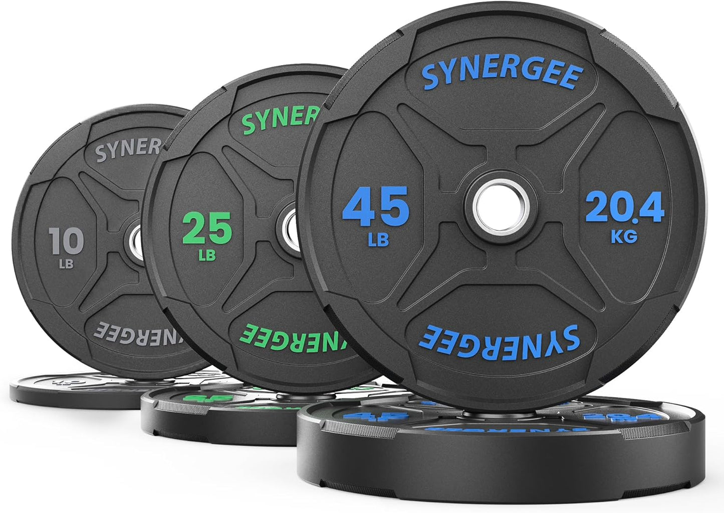 Synergee Bumper Plates – Durable Olympic Weight Plates, Low-Bounce Rubber for Strength Training, Powerlifting, and Functional Workouts.