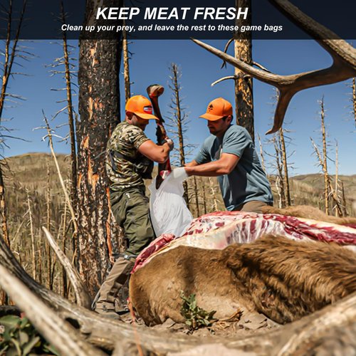 Lipulacer Elk Game Bags, 5 Pack Hunting Meat Bags, Reusable & Breathable Rolled Heavy Duty Quarter Bag with Reflective Strip and 30ft Hanging Paracord for Elk/Deer/Moose/Caribou, 48" x 4, 28" x 1