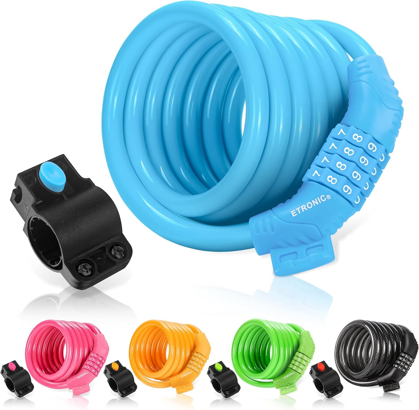 Secure Etronic 6ft Coiled Bike Lock - Resettable Combo Lock with Mounting Bracket