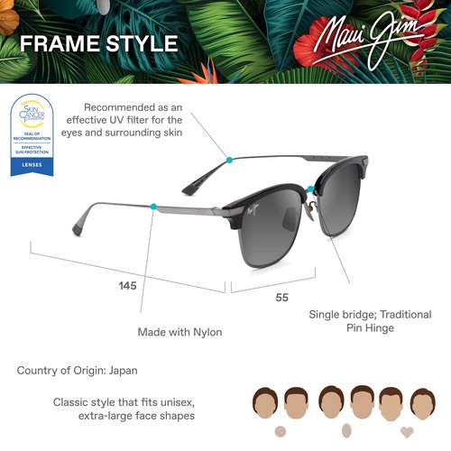 Maui Jim Kalaunu AF Square Sunglasses, Shiny Black W/Dark Silver/Neutral Grey Polarized, Extra Large