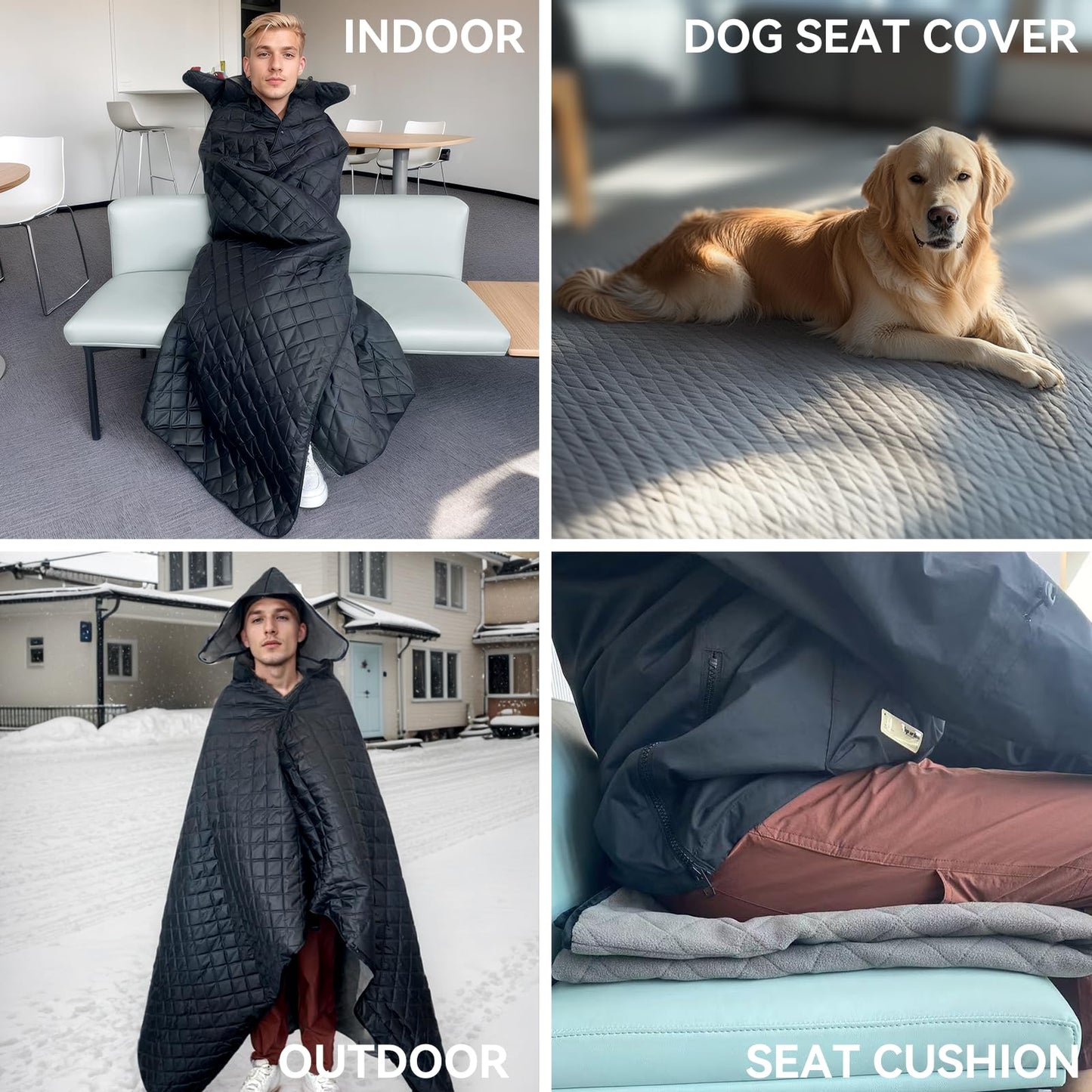 FONIQU Waterproof Camping Blanket for Cold Weather, Extra Thick Fleece Stadium Blanket with Hood, Sports Outdoor Blankets for Concerts, Camping, Car, Picnic - Machine Washable 78 "x 57"