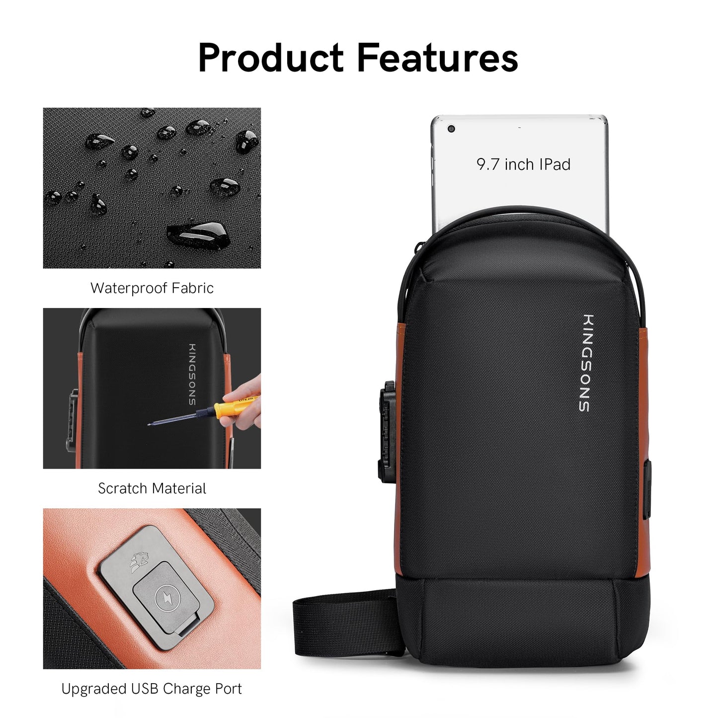 Kingsons Crossbody Bag Sling Backpack - Mini Travel Sling Man Bag with Charging Port, Small Chest Shoulder Side Backpack for Traveling, Leisure, Commuting,Fit for 9.7" ipad