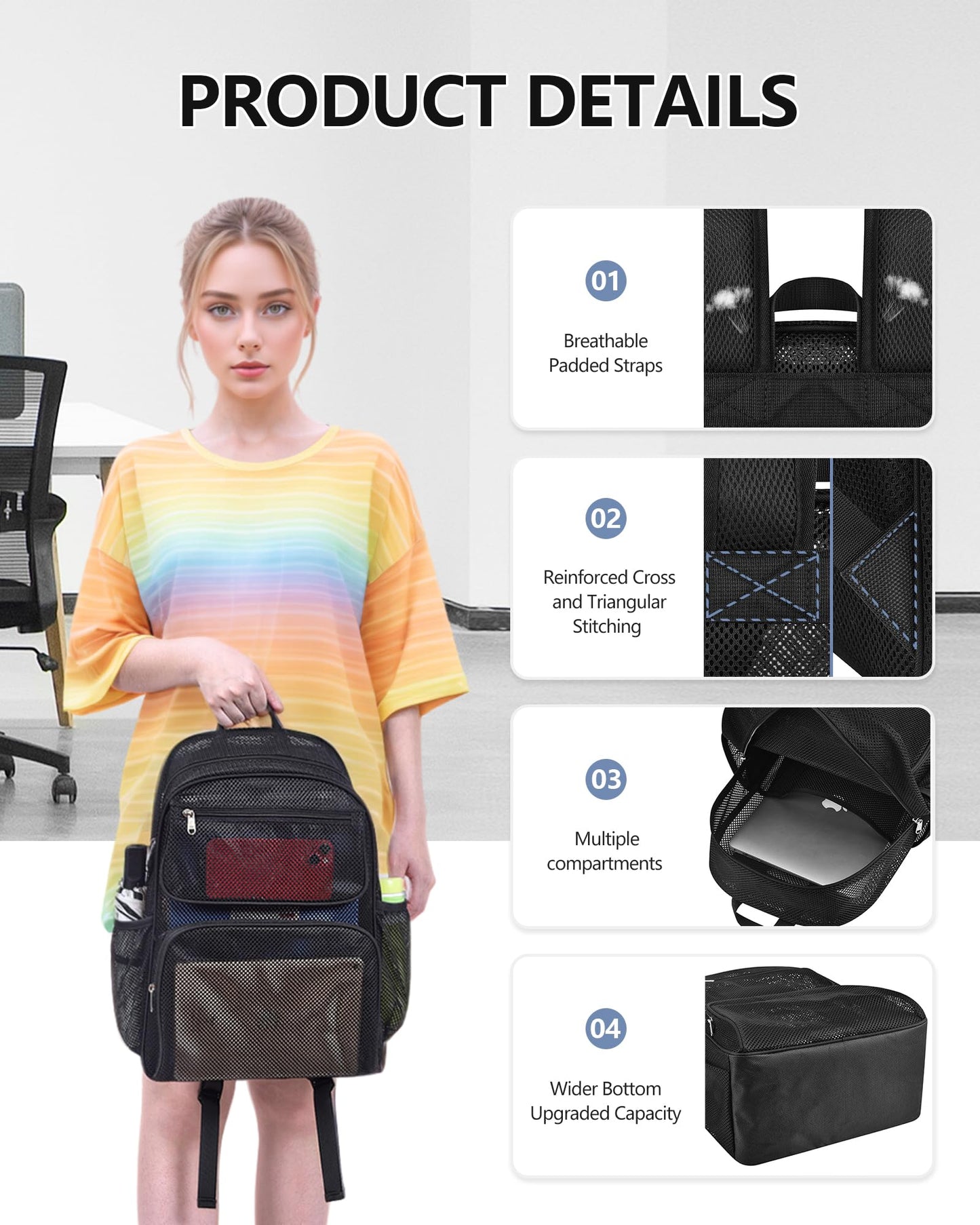 Lyingflat Mesh Backpack with Inner Compartment, Large Heavy Duty Mesh Bookbag with Padded Shoulder Straps for Travel Swimming Hiking Beach - Black
