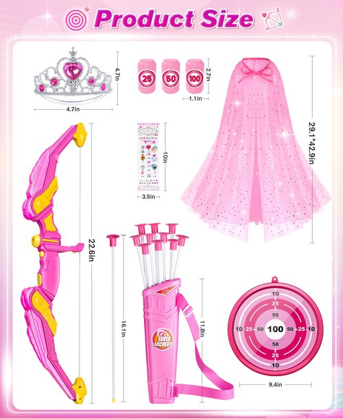 DUDUCOFU Kids Bow and Arrow Set Toys for Girls, LED Light Up Archery Bow Set with Princess Cape and Crown, 10 Suction Cup Arrows, Indoor and Outdoor Play Birthday Gift Toy for Kids Boys Girls
