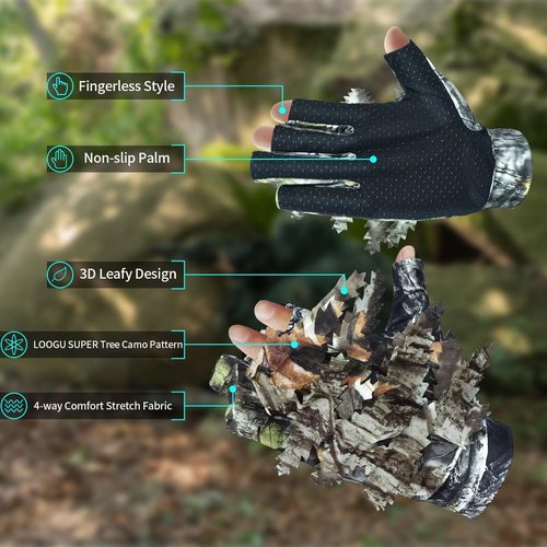 LOOGU Camouflage Hunting Gloves, 3D Leafy Camo, Anti-Slip Fingerless, Lightweight for Outdoor Hunting, Fishing