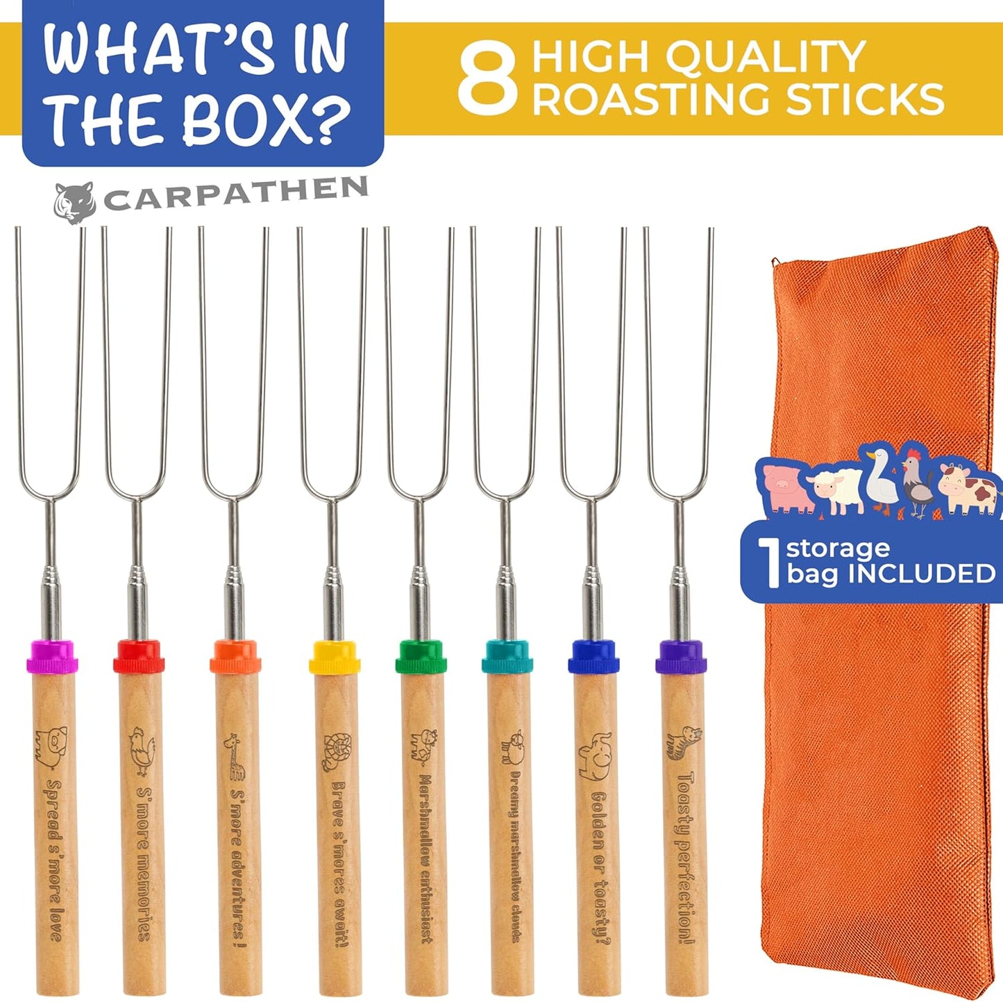 CARPATHEN Marshmallow Roasting Sticks - Set of 6 Premium Rotating Smores Sticks - Extra Long Telescoping Marshmallow Sticks for Fire Pit, Campfire & Bonfire - Camping Accessories