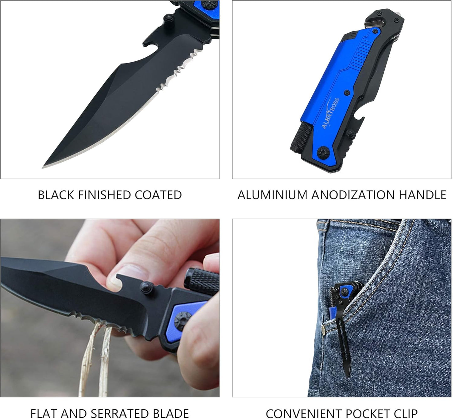 ALBATROSS 6-in-1 Survival Tactical Military Folding Pocket Knives with LED Light,Seatbelt Cutter,Glass Breaker,Magnesium Fire Starter,Bottle Opener;Multi-Function Emergency Tool(Black)