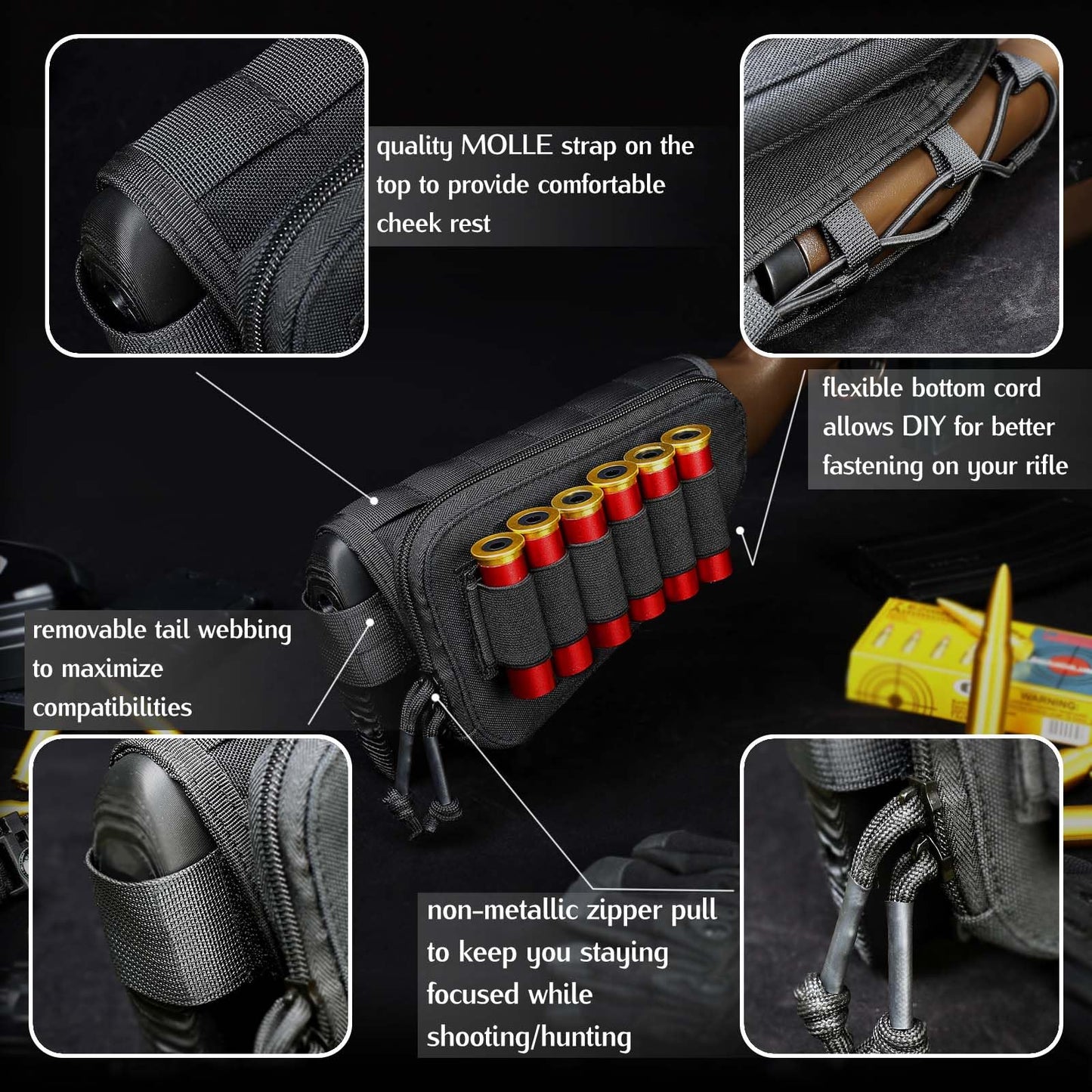 Aprikostein Buttstock Shotgun Shell Holder for Ammo 12 Gauge 20Ga 30-06 30-30 45-70 7.62 410 Left Right Handed Ambidextrous Rifle Stock Pouch Cheek Rest Shotshell Carrier