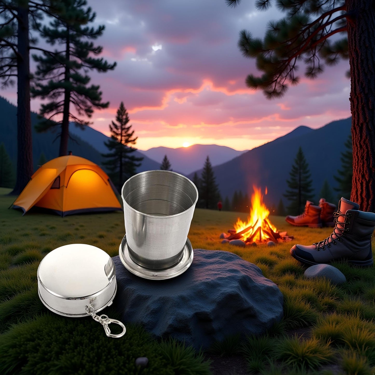 GANPUB 1Pc Silver Stainless Steel Folding Camping Mug Collapsible Portable Cup with Keychain for Outdoor Activities Hiking Picnic(Large), Camp Kitchen