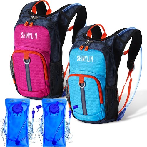 Shinylin 2 Pcs Kids Hydration Backpack with 1.5l Water Bladder Lightweight Kids Hiking Backpack Water Rucksack for Boys Girls Climbing Running(Blue, Purple)