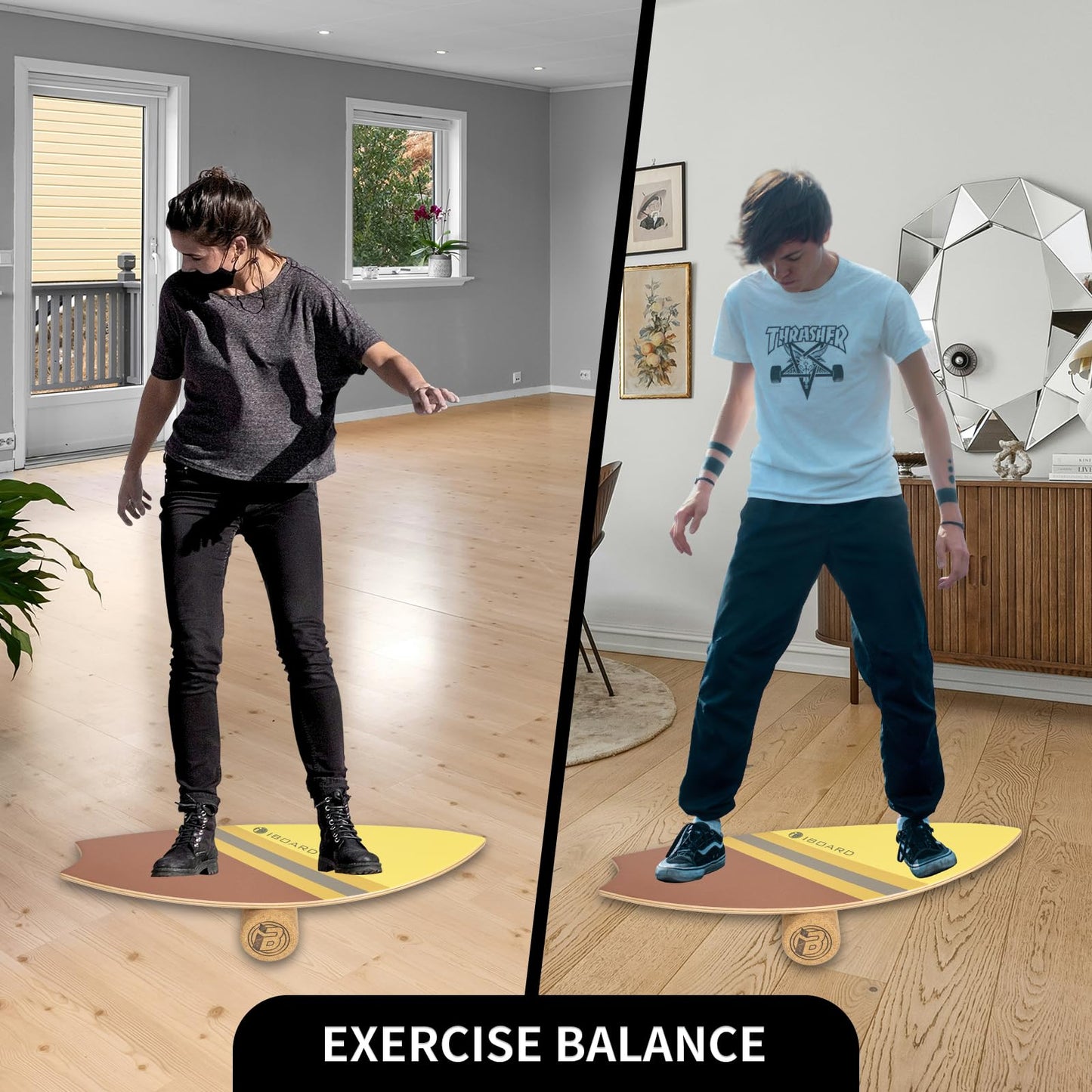 iBOARD Premium Balance Board Trainer With Rollers - 10 Layer Wooden Exercise Non-slip Surface Fish Tail for Surfing, Paddle, Yoga, Training