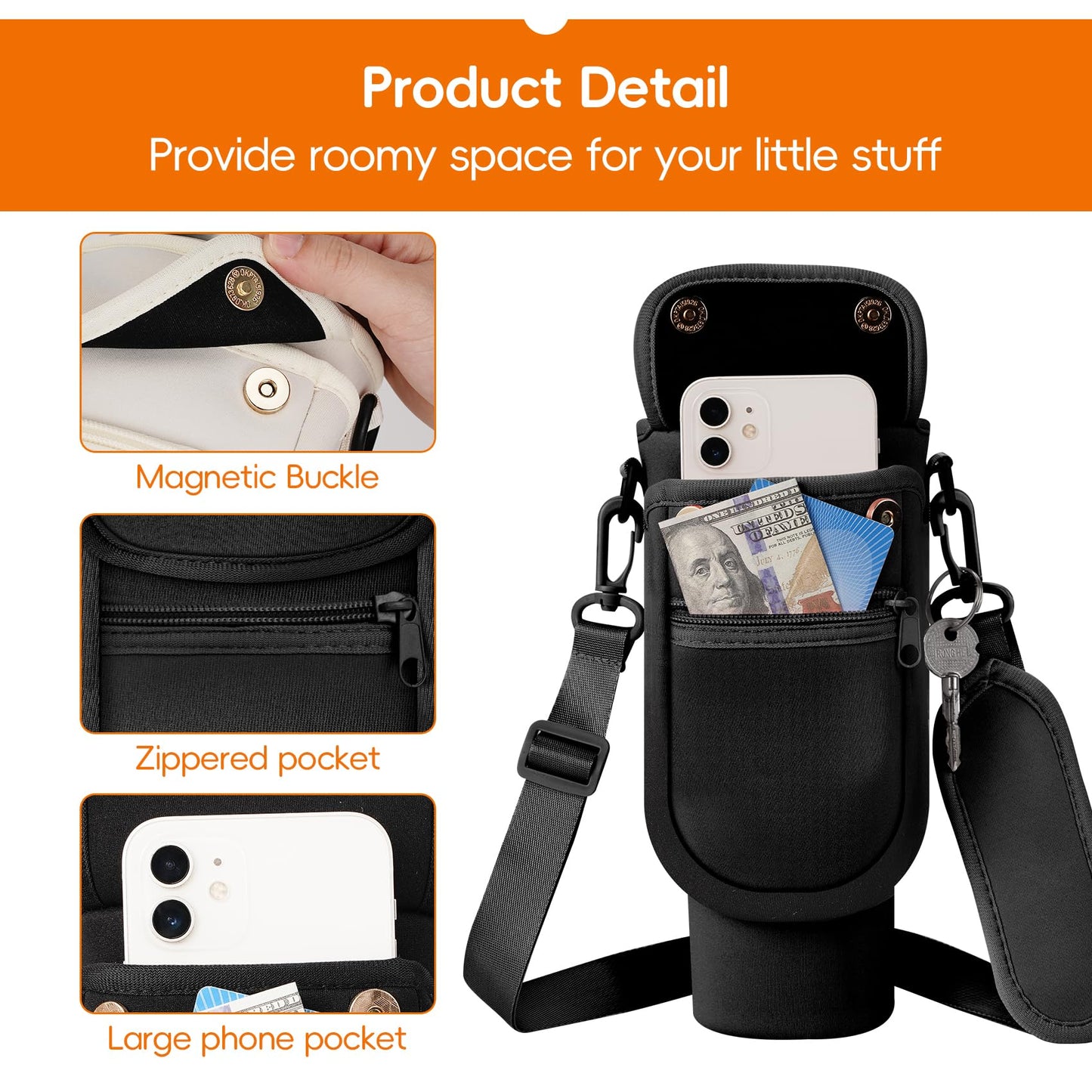 AceTreker 40/30 oz Stanley Cup Sleeve Bag with Paracord Handle, Neoprene Stainless Steel Travel Tumbler Holder with 2 Pockets, Metal Coffee Mug Sling with Straw Cover for Walking Driving Gym-Black