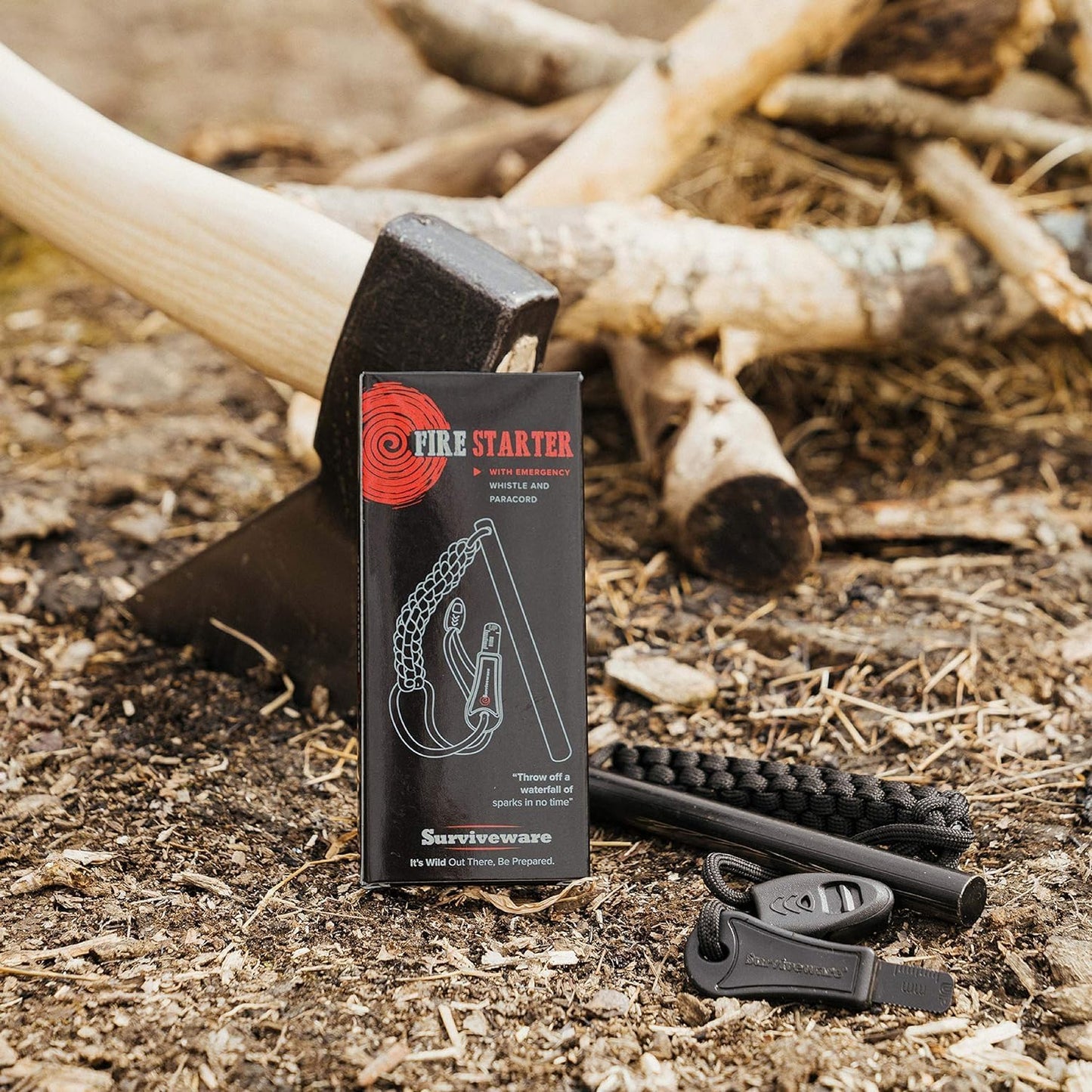 Surviveware Survival Fire Starter with Emergency Whistle, Paracord Handle, and Steel Serrated Scraper