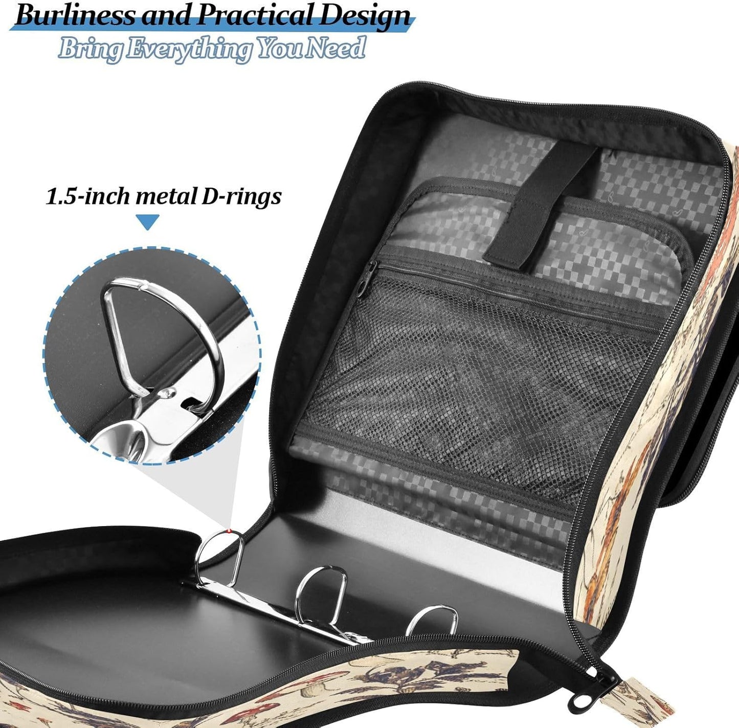 ALAZA Zipper Binder 3 Ring Hand Drawn Mushroom Binder Organizer with Zipper and Shoulder Strap Large Capacity Multi-Pocket Trapper Keeper File Folder for Office Supplies