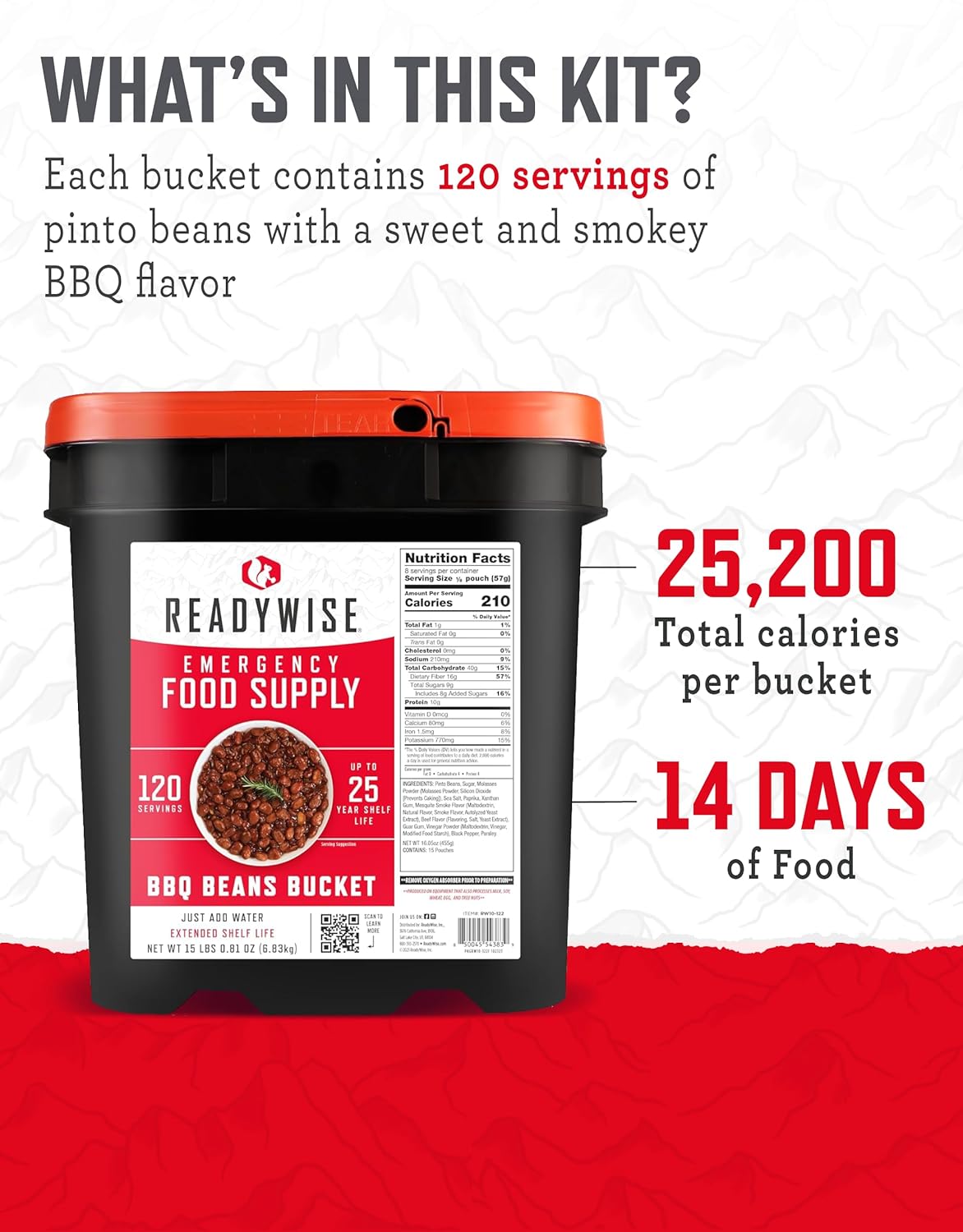ReadyWise Emergency Food Supply - 132 Servings Survival Bucket, Dehydrated Meals for Camping & Disaster Prep, 25-Year Shelf Life