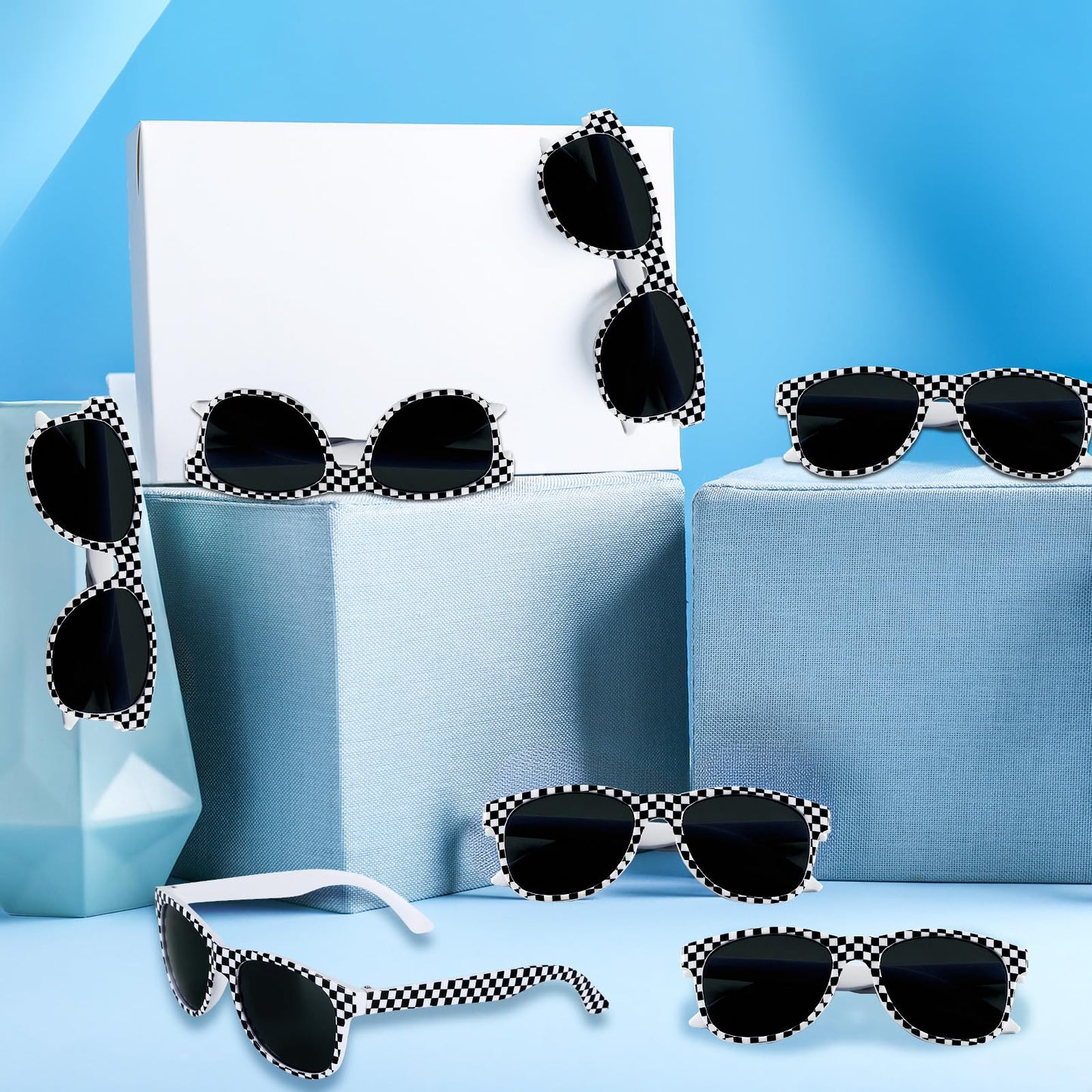 6 Pack Race Car Checkered Sunglasses White Black Frame Checker Sunglasses Bulk for Kids Race car Party Favors Essentials & Gear Up With Hot Car Plastic Glasses for Racing Theme Birthday Supplies Gifts