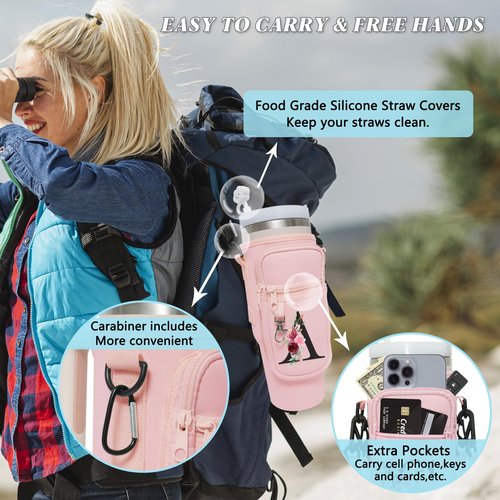 Sunegg Initial Water Bottle Carrier Bag for Stanley 40 oz Tumbler with Handle, Water Bottle Holder Pouch with Phone Pocket, Straw Cover & Carabiner, Nice Accessories for Stanley Cup(Pink K)
