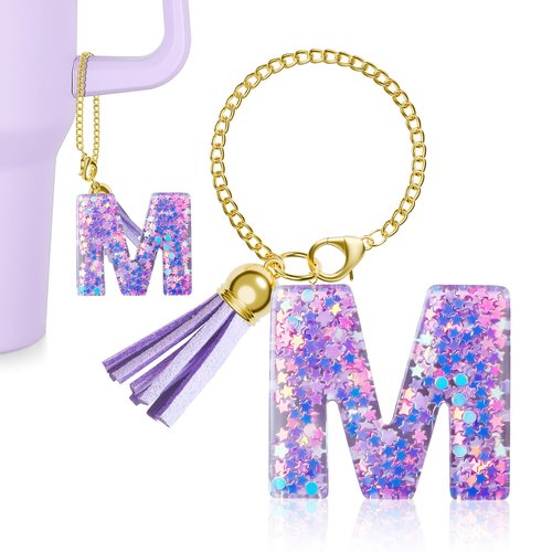 MOYOHIM Letter Charm for Stanley Cup, Cute Initial Keychain Charm for Handle, Purple Handle Accessories for Stanley Tumbler for Girls Women (Letter M)