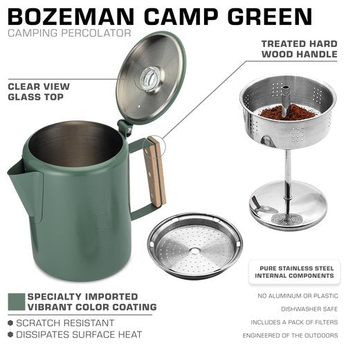 COLETTI Bozeman Camping Coffee Pot — Camping Coffee Makers, Coffee Percolator – America's Sleekest Percolator – NO Aluminum or Plastic (Camp Green)