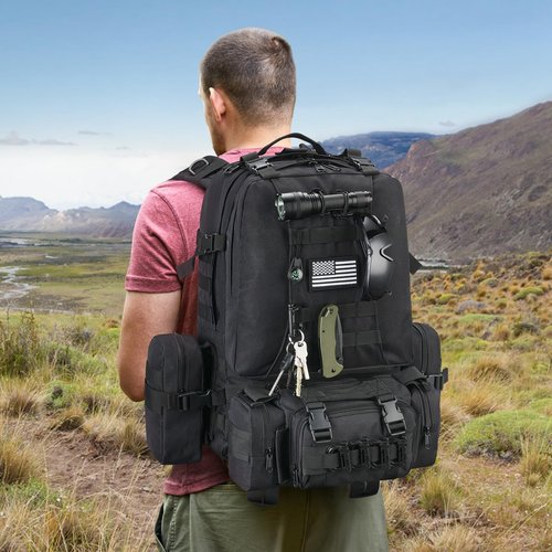 CVLIFE 60L Tactical Backpack for Men Women Military Large Army Rucksack With D-Ring Molle Clips Compass Accessories 3 Day Bug Out Survival Molle Bag Hiking Camping Gym Daypack Backpacks,Black