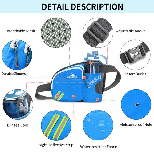 Peicees Waist Bag Fanny Pack with Water Bottle Holder for Men Women Hiking Running Dog Walking Fit All Phones (Bottle Not Included), Colorful Reflective Strip&Zipper-Sky Blue