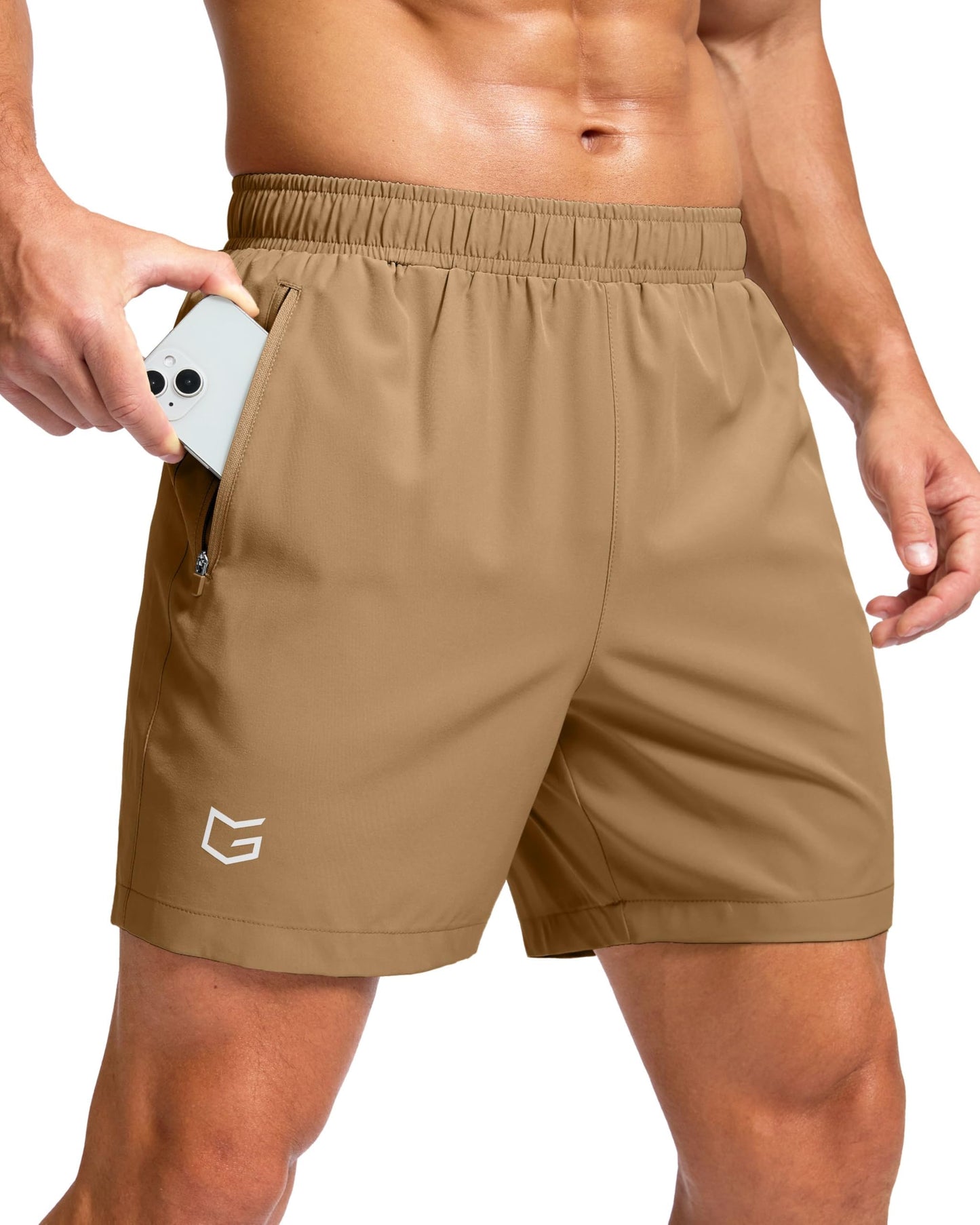 G Gradual Men's Athletic Running Shorts with Zipper Pockets Quick Dry 7"/ 5"/ 9" Workout Gym Shorts for Basketball Hiking(Dark Khaki,5M)