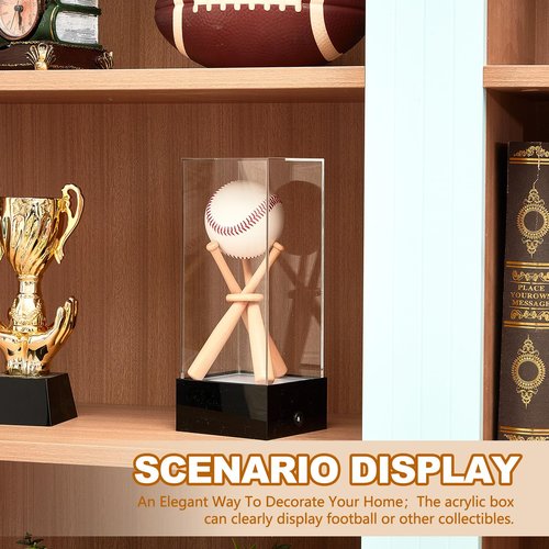 Menkxi Baseball Display Case with LED Light Base Stand Holder, Wooden Sticks, UV Protected Acrylic Clear Cube for Memorabilia Ball
