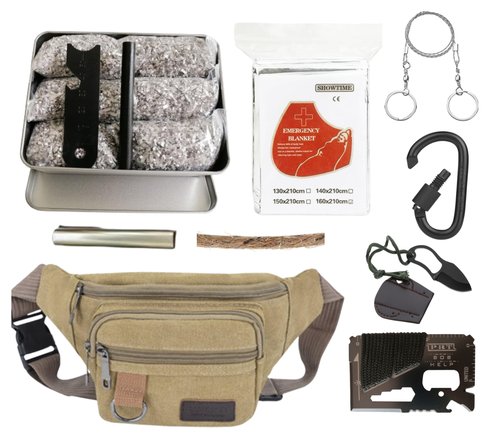 Survival Fire Starter Kit – 6 Bags Magnesium Shavings, 3.15" Ferro Rod, Wax Rope, Emergency Blanket, 14-in-1 Multi Tool Card, Wire Saw, Outdoor Camping Hiking Gear with Waist Bag