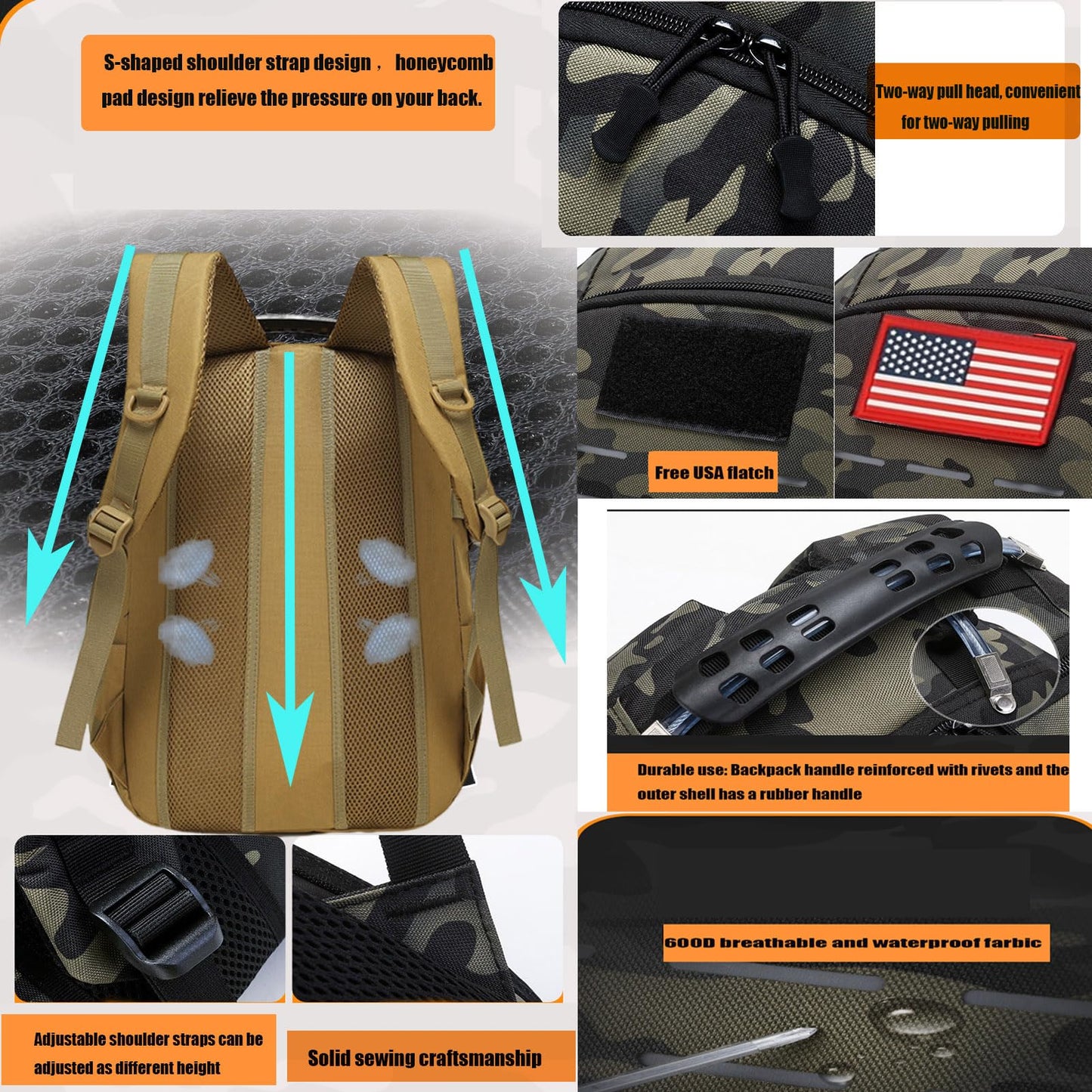 inchzx 40L Tactical Backpack Molle Backpack,Military Camo Backpack Army Bookbag Daypack W/USB Port & Reflective Strip For Hiking Camping Hunting