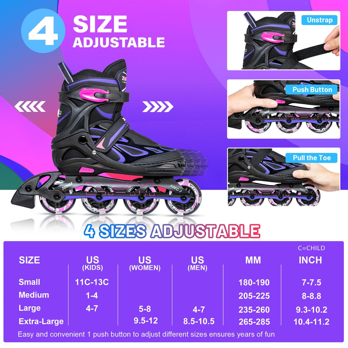 2PM SPORTS Vinal Inline Skates for Women with Light Up Wheels Beginner Skates Fun Illuminating Outdoor Roller Skates for Kids and Adults Men - Vinal Extra Large