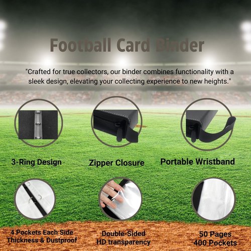 CHIMORY 2025 Football Card Binder Trading Card Binder Holder 400 Pockets, Fits 400 Cards with 50 Removable Pages, Football Cards Gifts Collector Album with Zipper Storage Display Case