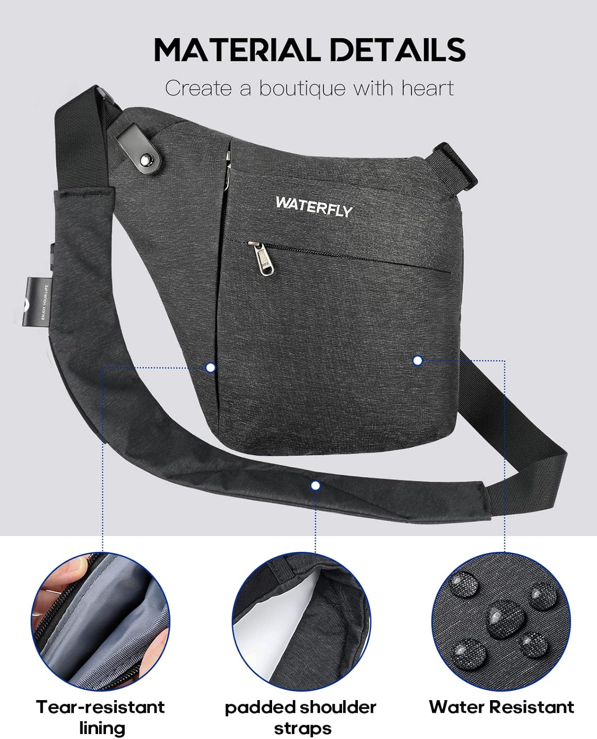 WATERFLY Sling Crossbody Chest Bag: Slim Anti-Theft Cross Body Bag Over Shoulder Backpack Stealth Side Pack Man Woman