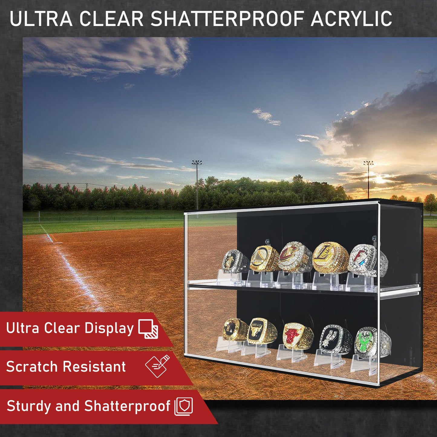 Acrylic Championship Ring & Baseball Dual Function Display Case, Swap Insert Wall Mountable, Gifts for Boys 8-12