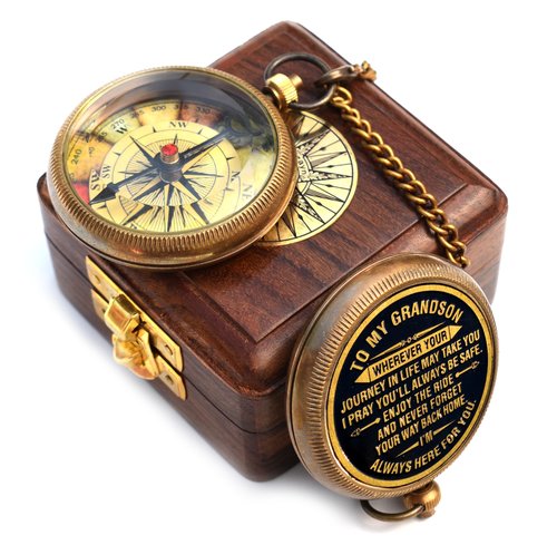 Gift for Grandson Brass Compass with Box Engraved Quote | Memory Present to My Grandson Birthday, Baptism, Graduation, Confirmation, Love, Gift idea by Grandpa Grandma, Greeting Card