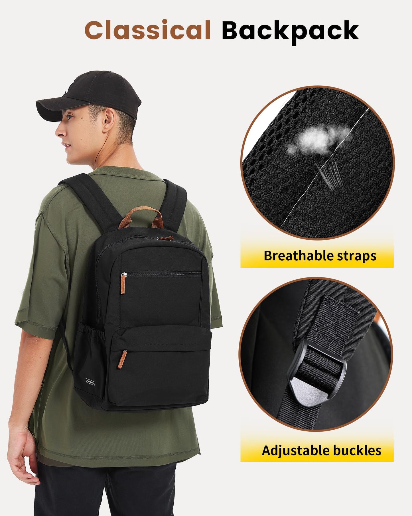 Vorspack Backpack for Men and Women - Lightweight Backpack Classical Basic Bookbag with Multi-pockets Casual Daypack for College Workplace Travel - Black