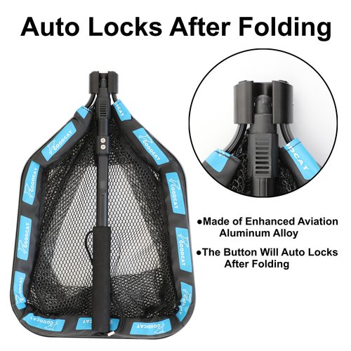 GOODCAT Floating Fish Landing Net for Steelhead & Trout, Foldable & Lightweight Rubber Mesh with Non-Slip Handle, Easy Transportation Fishing Net for Kayak Boat Fly (B: Square-Extend Length:32.5")